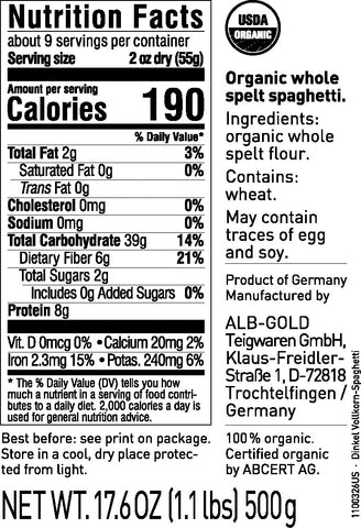 Whole Spelt Pasta Spaghetti